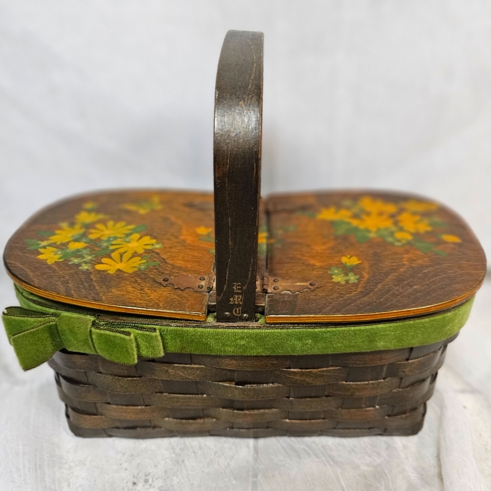 Vintage Hand Painted Sewing Basket/Purse Cottagecore Velvet Trim Floral Lid